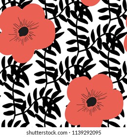 Schönes Muster mit schwarzen Zweigen und Blumen auf weißem Hintergrund.