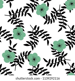 Beautiful pattern with black twigs and flowers on a white background.