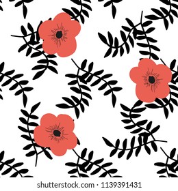 Beautiful pattern with black twigs and flowers on a white background.