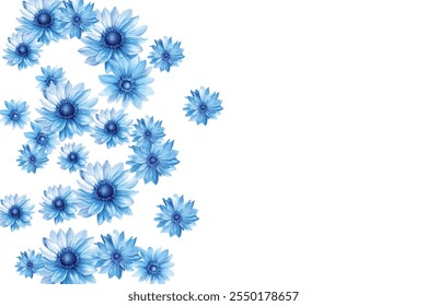 Beautiful pattern of blue flowers on a white background. Perfect for fabric, wallpaper, and gift wrap designs. The delicate floral arrangement adds a touch of elegance and freshness