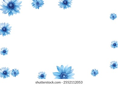 Beautiful pattern of blue flowers on a white background. Perfect for fabric, wallpaper, and gift wrap designs. The delicate floral arrangement adds a touch of elegance and freshness