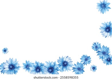 Beautiful pattern of blue flowers on a white background. Perfect for fabric, wallpaper, and gift wrap designs. The delicate floral arrangement adds a touch of elegance and freshness