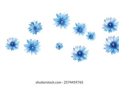 Beautiful pattern of blue flowers on a white background. Perfect for fabric, wallpaper, and gift wrap designs. The delicate floral arrangement adds a touch of elegance and freshness