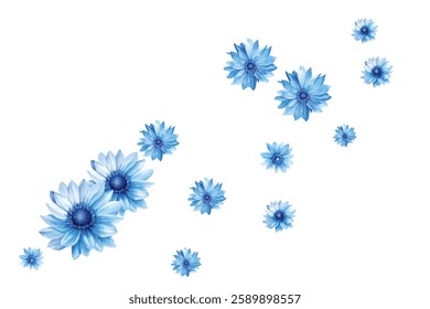 Beautiful pattern of blue flowers on a white background. Perfect for fabric, wallpaper, and gift wrap designs. The delicate floral arrangement adds a touch of elegance and freshness