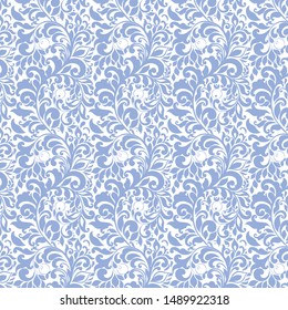 Beautiful pattern from a blue pattern with flowers and plants. National traditional pattern. Russian culture blue curl on a white background.