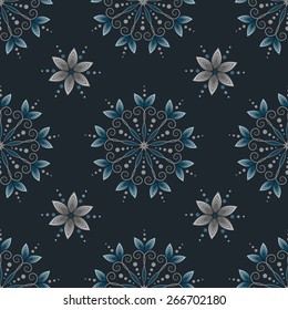 Beautiful pattern with blue and grey crystal  flowers. 