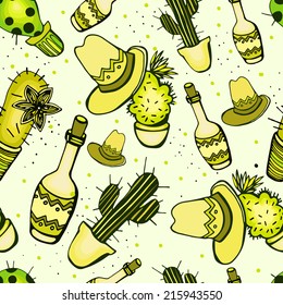 Beautiful pattern with bottles and cactus, hats on a light background with dots