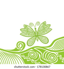Beautiful pattern branch and butterfly green vector illustration