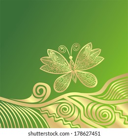 Beautiful pattern branch and butterfly green gold nature background vector illustration