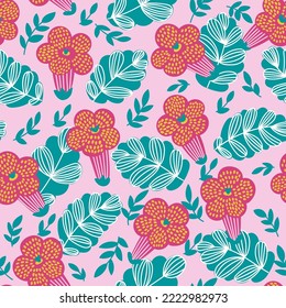 A beautiful pattern with bright kohleria flowers on a pink background.