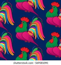 Beautiful pattern with bright rooster. Background with a rooster, the symbol of 2017.