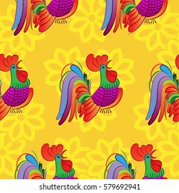 Beautiful pattern with bright rooster. Background with a rooster, the symbol of 2017.
