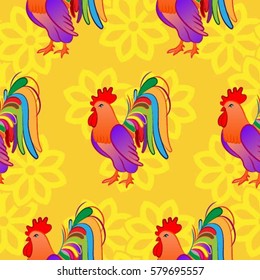 Beautiful pattern with bright rooster. Background with a rooster, the symbol of 2017.