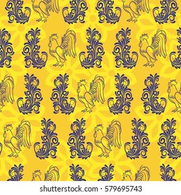 Beautiful pattern with bright rooster. Background with a rooster, the symbol of 2017.