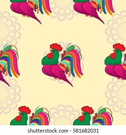 Beautiful pattern with bright rooster. Background with a rooster, the symbol of 2017.