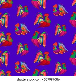 Beautiful pattern with bright rooster. Background with a rooster, the symbol of 2017.