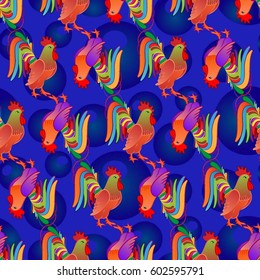 Beautiful pattern with bright rooster. Background Fantastic beasts , mystical birds.