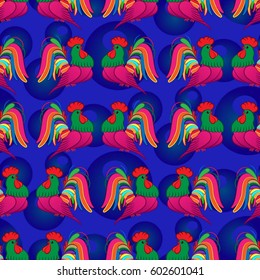 Beautiful pattern with bright rooster. Background Fantastic beasts , mystical birds.