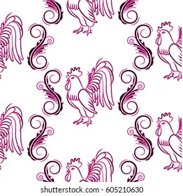 Beautiful pattern with bright rooster. Background Fantastic beasts , mystical birds.
