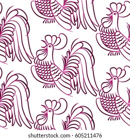 Beautiful pattern with bright rooster. Background Fantastic beasts , mystical birds.
