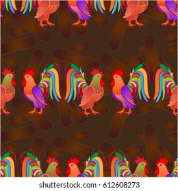 Beautiful pattern with bright rooster. Background Fantastic beasts , mystical birds.
