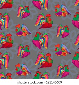 Beautiful pattern with bright rooster. Background Fantastic beasts , mystical birds.