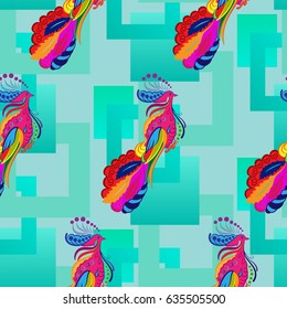 Beautiful pattern with bright rooster. Background Fantastic beasts , mystical birds.
