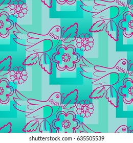 Beautiful pattern with bright rooster. Background Fantastic beasts , mystical birds.