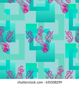 Beautiful pattern with bright rooster. Background Fantastic beasts , mystical birds.