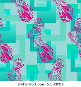 Beautiful pattern with bright rooster. Background Fantastic beasts , mystical birds.