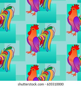 Beautiful pattern with bright rooster. Background Fantastic beasts , mystical birds.