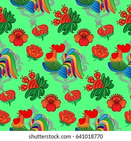 Beautiful pattern with bright rooster. Background Fantastic beasts , mystical birds.