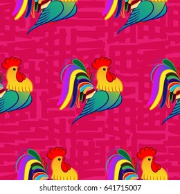 Beautiful pattern with bright rooster. Background Fantastic beasts , mystical birds.