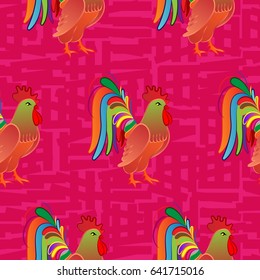 Beautiful pattern with bright rooster. Background Fantastic beasts , mystical birds.