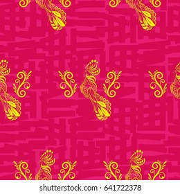 Beautiful pattern with bright rooster. Background Fantastic beasts , mystical birds.