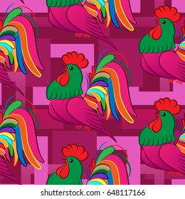 Beautiful pattern with bright rooster. Background Fantastic beasts , mystical birds.