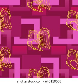 Beautiful pattern with bright rooster. Background Fantastic beasts , mystical birds.