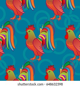 Beautiful pattern with bright rooster. Background Fantastic beasts , mystical birds.