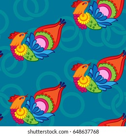 Beautiful pattern with bright rooster. Background Fantastic beasts , mystical birds.