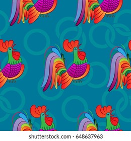 Beautiful pattern with bright rooster. Background Fantastic beasts , mystical birds.