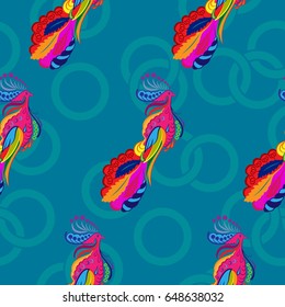 Beautiful pattern with bright rooster. Background Fantastic beasts , mystical birds.