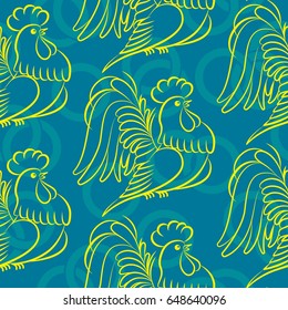 Beautiful pattern with bright rooster. Background Fantastic beasts , mystical birds.