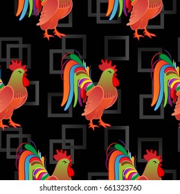 Beautiful pattern with bright rooster. Background Fantastic beasts , mystical birds.