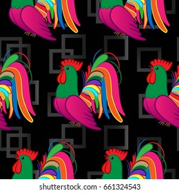 Beautiful pattern with bright rooster. Background Fantastic beasts , mystical birds.