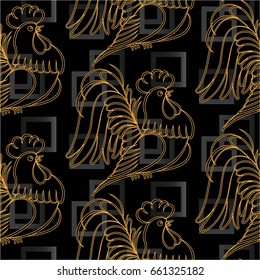 Beautiful pattern with bright rooster. Background Fantastic beasts , mystical birds.