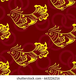 Beautiful pattern with bright rooster. Background Fantastic beasts , mystical birds.