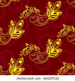 Beautiful pattern with bright rooster. Background Fantastic beasts , mystical birds.