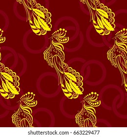 Beautiful pattern with bright rooster. Background Fantastic beasts , mystical birds.
