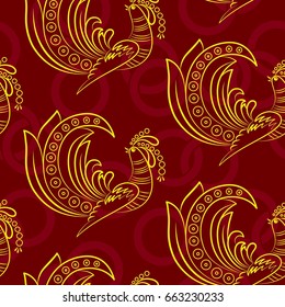Beautiful pattern with bright rooster. Background Fantastic beasts , mystical birds.