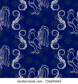 Beautiful pattern with bright rooster. Background Fantastic beasts , mystical birds. Blue snowflakes.